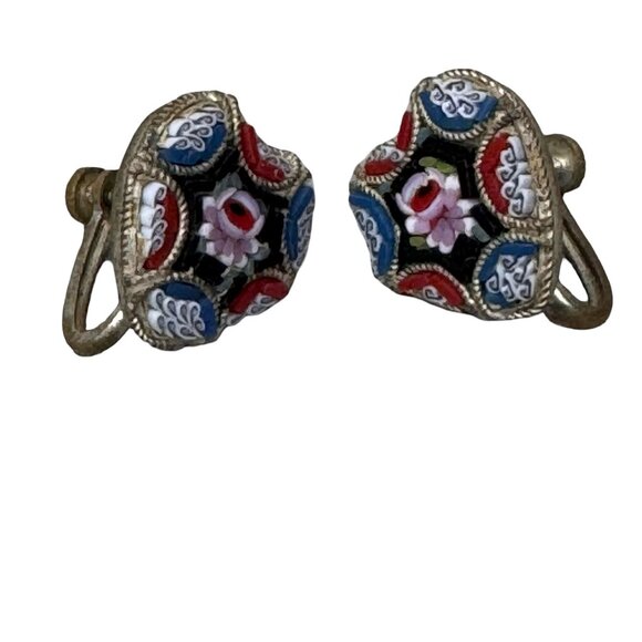 Vtg Heart Shaped Micro Mosaic Glass Italy Screw Back Earrings Huggie Victorian - Picture 3 of 6
